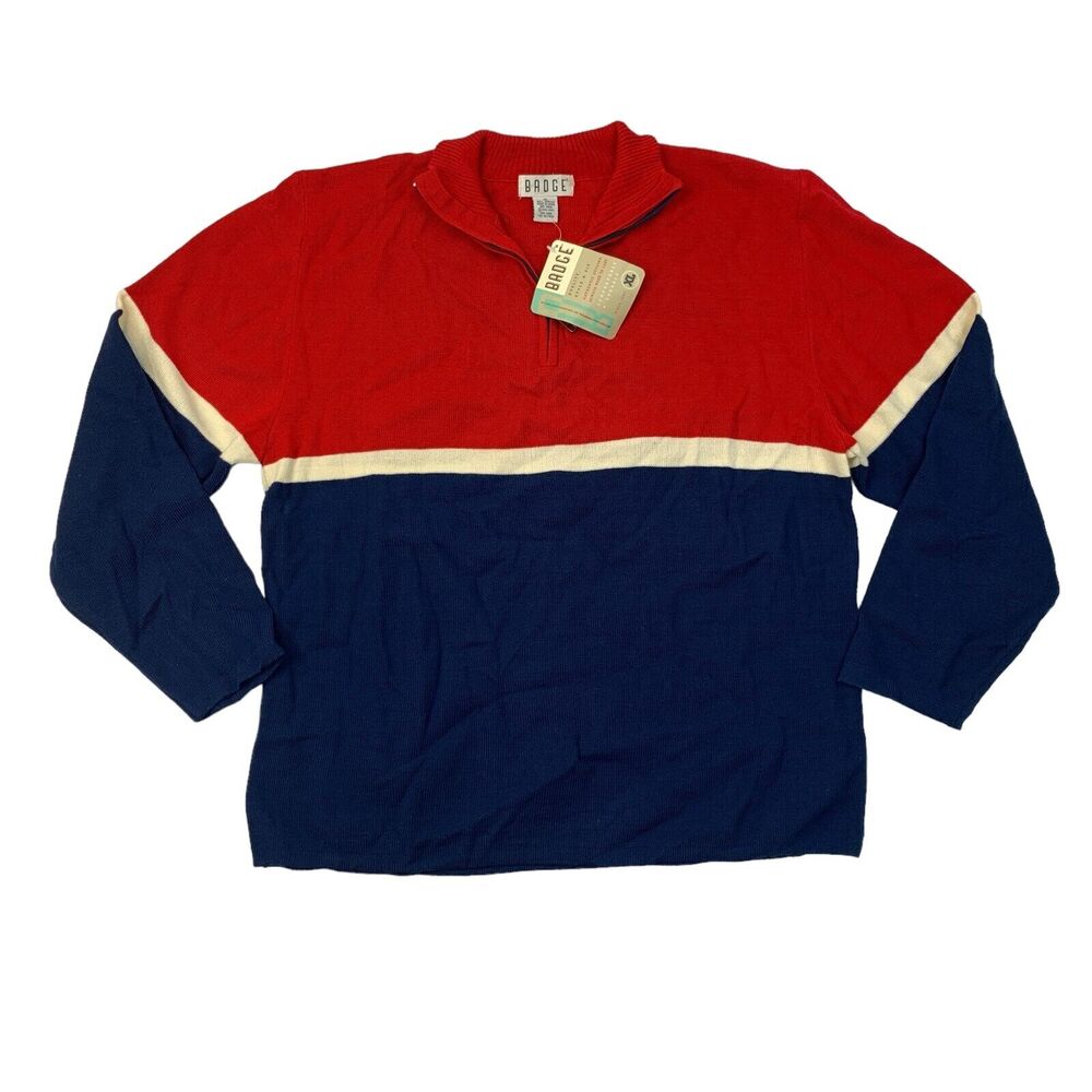 Vintage Badge Sweater Mens XL Extra Large‎ Navy Red Acrylic 1/4 Zip Colorblock